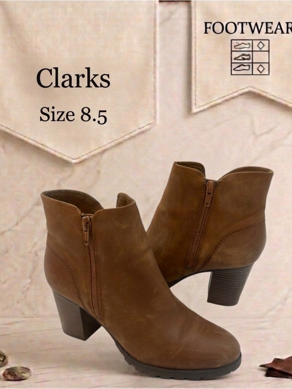 Collection by Clarks Cognac Leather Ankle Booties Heel 8.5 Lug Sole Block Heel